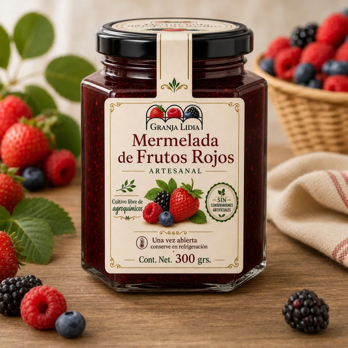 Presentación de mermelada artesanal de frutos rojos Granja Lidia